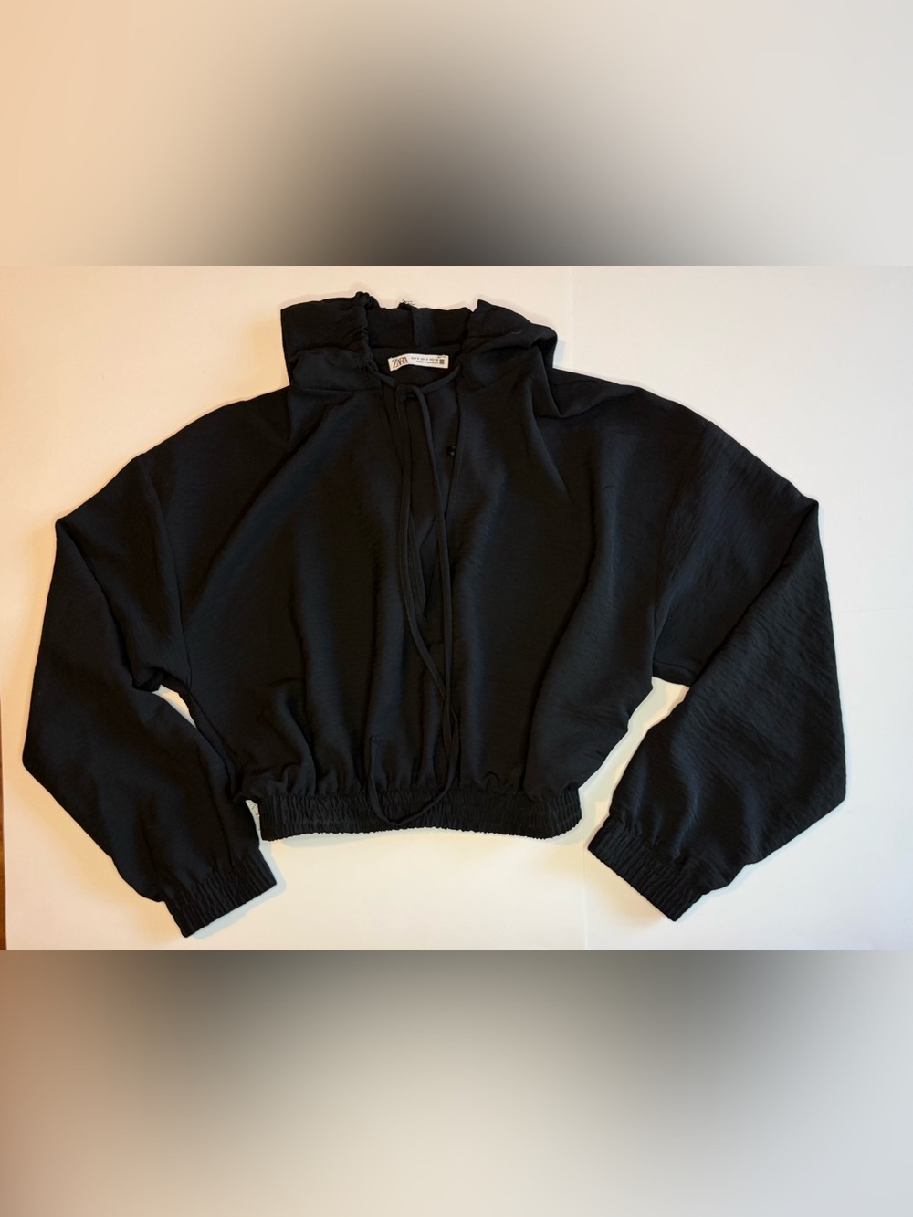 Zara Black Hooded Cropped Sweatshirt with Drawstring